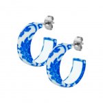 Transfer Pattern Earring - 7 x 16 mm Floral - Blau / Weiß